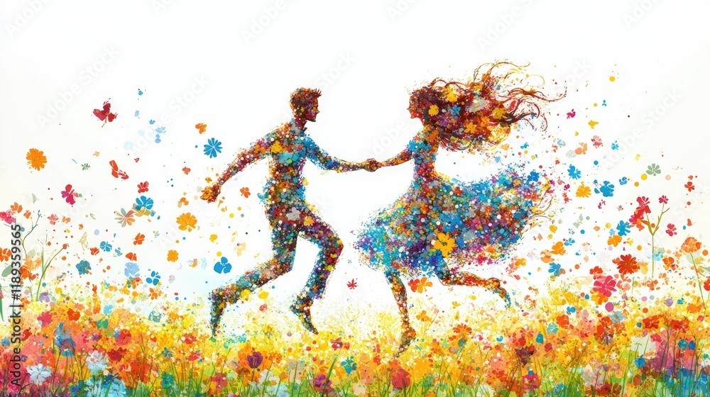 Vibrant Couple in Floral Dance Amid Blossoming Meadow Vibrant Couple in Floral Dance Amid Blossoming Meadow