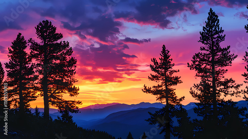 Silhouette of pine trees against a vibrant sunset over mountains, creating a serene and tranquil atmosphere. Duskfall. Illustration