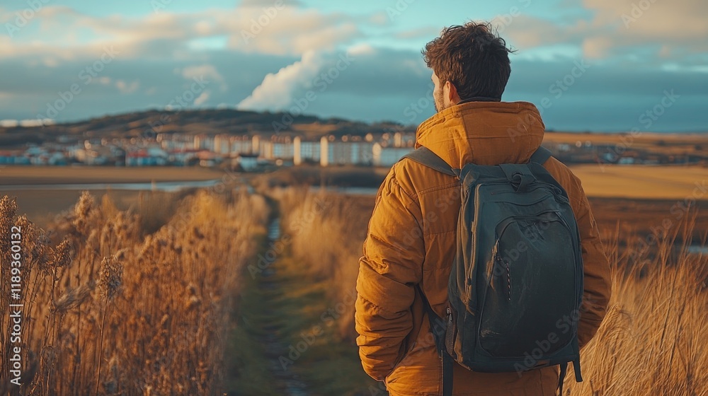 Fototapeta premium Adventurer with Backpack on Scenic Autumn Pathway Overlooking Village