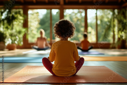 Cozy living room yoga session with children and adults focusing on wellness and mindfulness together