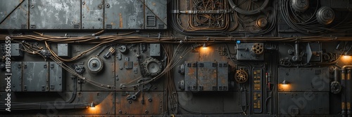 Industrial steampunk wall with gears wires pipes and warm lighting for background