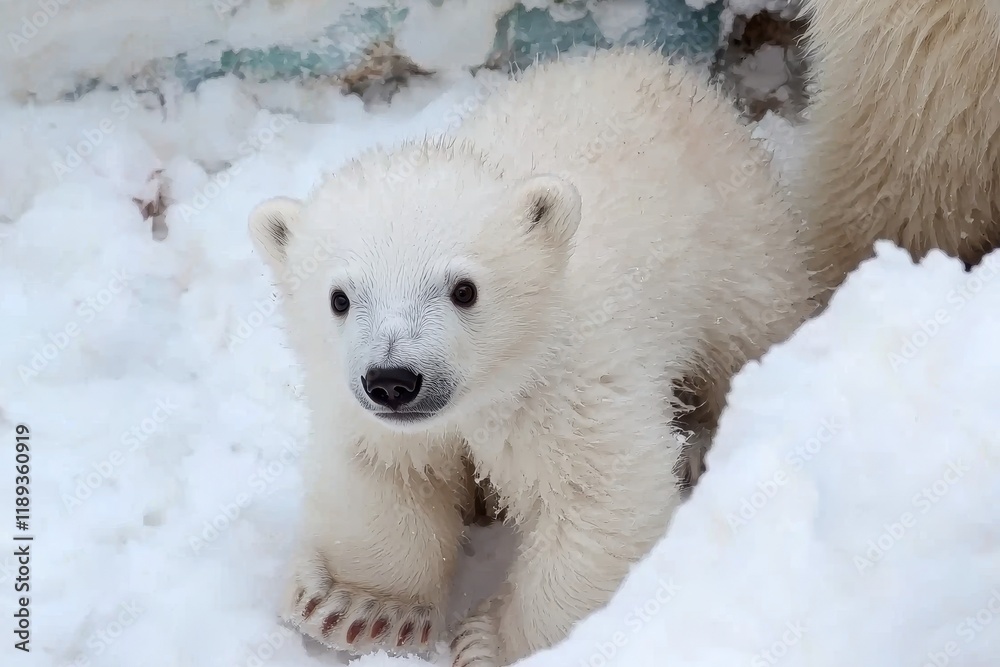 A polar bear cub curiously exploring its icy surroundings, mother watching from a distance