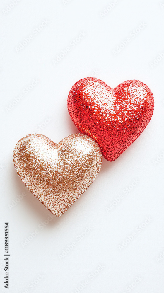 Fototapeta premium Glittering red and gold hearts on white background, evoking love and celebration