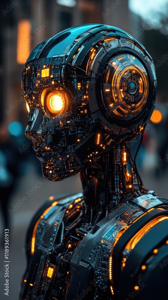 Fototapeta premium Futuristic Human-Like Robotic Figure with Illuminated Circuitry in Urban Setting