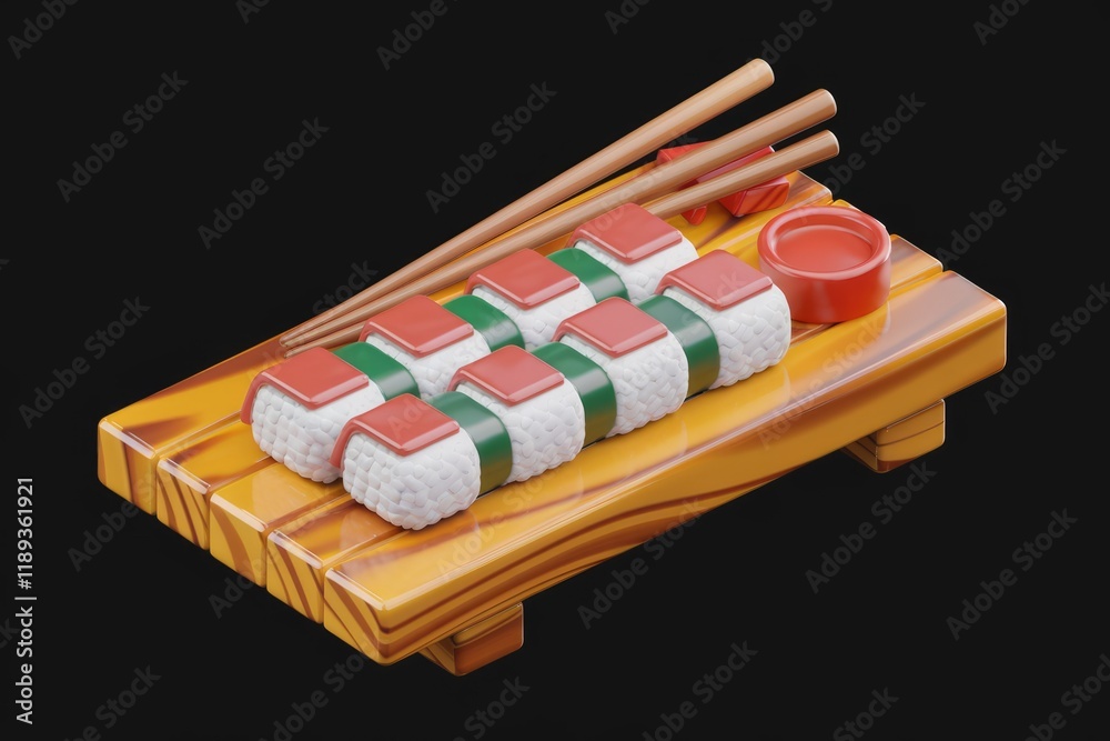 A wooden plate of eight sushi pieces with chopsticks and soy sauce, a 3D rendering.