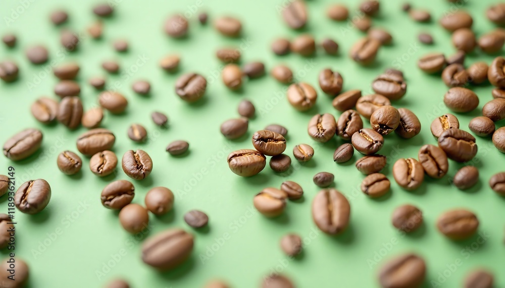 Obraz premium Roasted Coffee Beans on Green Background - Aromatic Coffee Texture