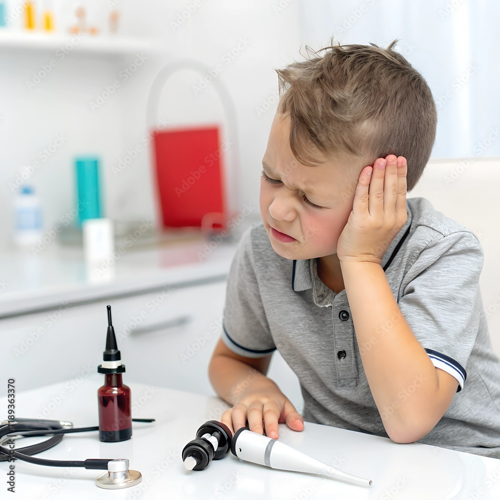 Naklejka premium A child with an earache sitting in a clinic
