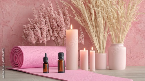 Pink Yoga Mat with Candles and Dried Flowers Still Life
