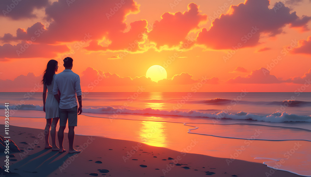 Vector illustration of sunset over sea with couple on beach Vector illustration of sunset over sea with couple on beach