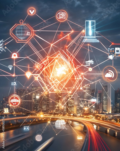 Smart city at night, interconnected network, digital technology, transportation infrastructure, glowing cityscape, for technology articles