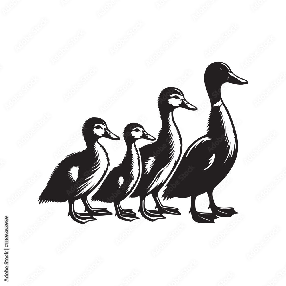 Obraz premium Ducklings in a line silhouette vector illustration black color design and solid white background