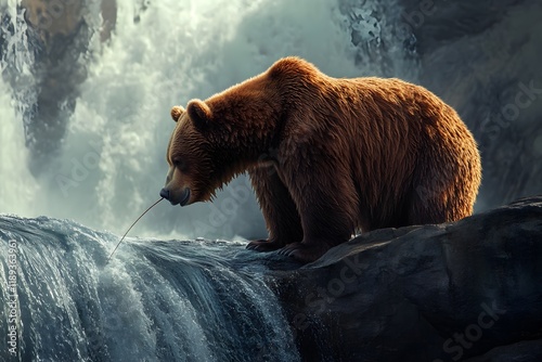 Brown Bear Fishing in Waterfall photo