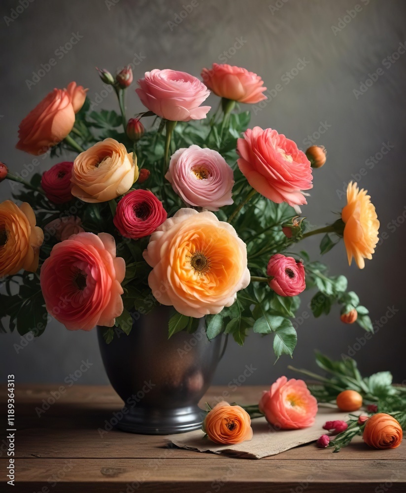 Obraz premium Vintage-inspired still life with roses and ranunculus , arrangement, still life