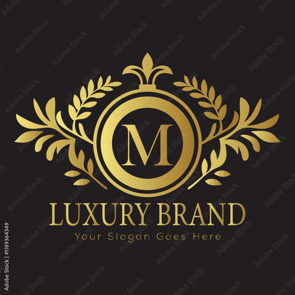Fototapeta premium Letter Luxury brand logo design with a royal gold crown emblem and elegant typography 