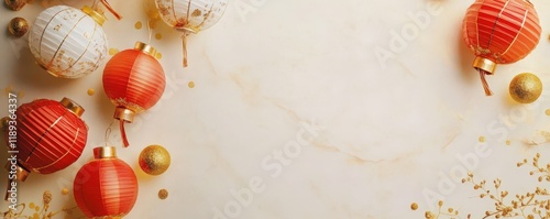 Festive Chinese Lanterns Gold Ornaments Beige Background