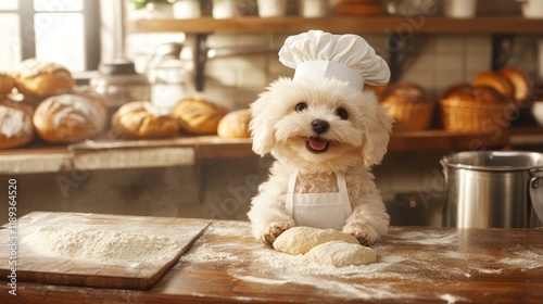 A Fluffy Bichon Frise Puppy Baker - Adorable Bichon Frise puppy in chef's hat and apron, playfully baking bread.  Symbolizing: sweetness, joy, warmth, companionship, wholesomeness. photo