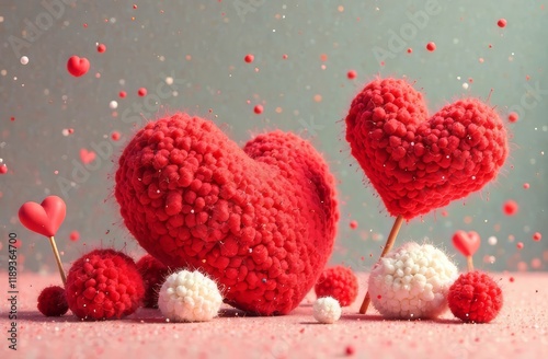 Woolen voluminous redder hearts and balls from which woolen fibers go in all directions, some of them are raised up with wooden sticks on a gray and pink background, soft fluffy woolen balls and heart photo