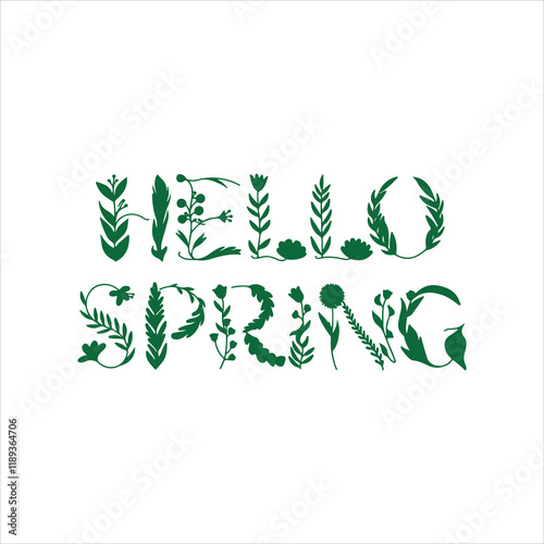 Hello Spring leaves and flower lettering. Flat style vector illustration.