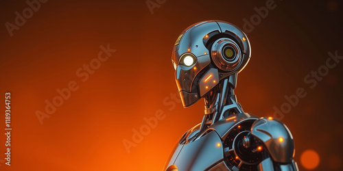 A robot with a metallic body and glowing eyes stands in front of a bright orange background. The robot's design and the orange background create a futuristic and mysterious atmosphere