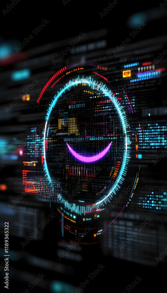 Obraz premium Smiling digital interface, futuristic technology, data stream background, website banner