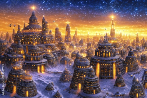 Illuminated Futuristic Cityscape Beneath a Starry Night Sky in a Vibrant Metropolis