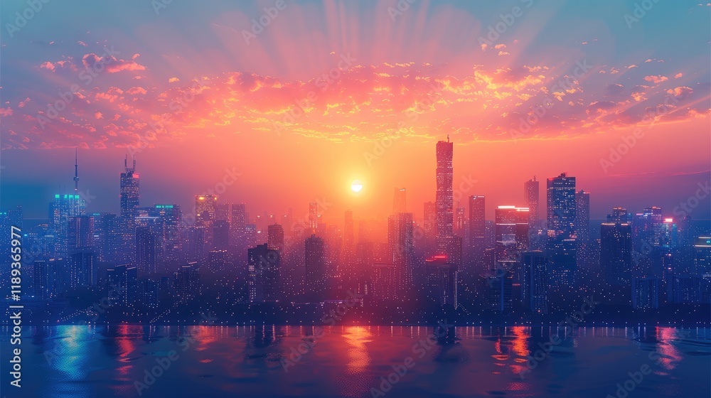 Abstract cityscape at twilight, minimalist style, warm and cool tones blending. Abstract cityscape at twilight, minimalist style, warm and cool tones blending.