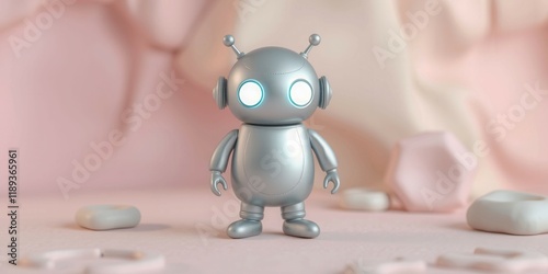 A robot is standing on a pink background. The robot is silver and has blue eyes. The robot is the main focus of the image