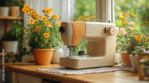 Vintage Sewing Machine in Sunlit Room with Vibrant Flowers and Cozy Decor