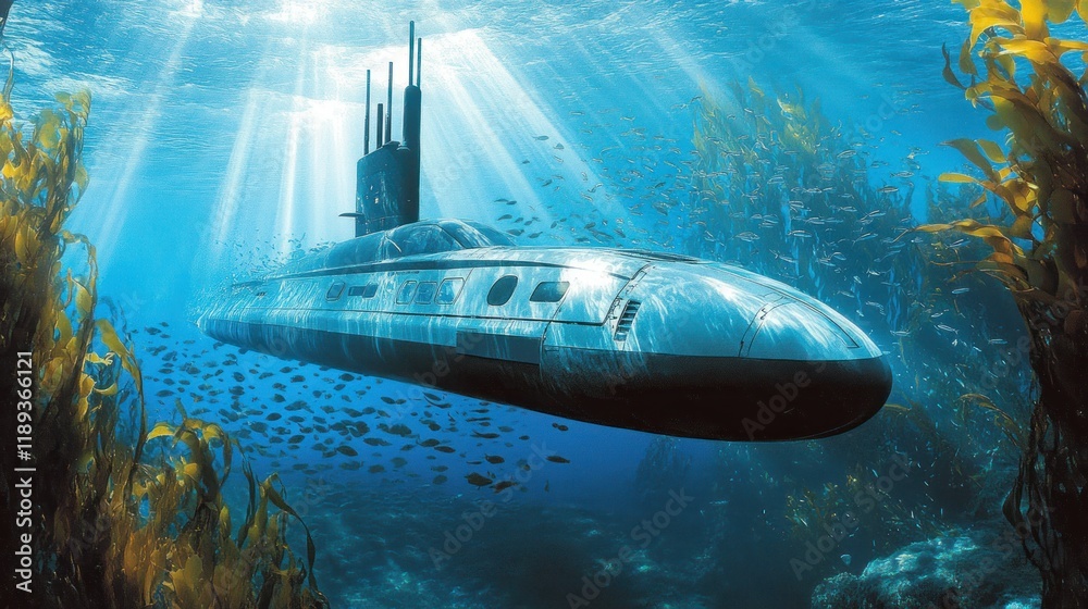 Submarine ocean kelp forest sunrays underwater military