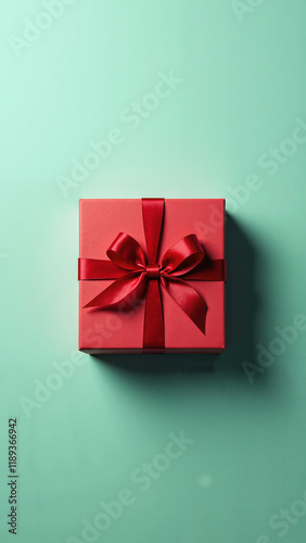 Vibrant Red Gift Box with Bow on Pastel Background: Perfect for Holiday Marketing and Celebration Themes photo