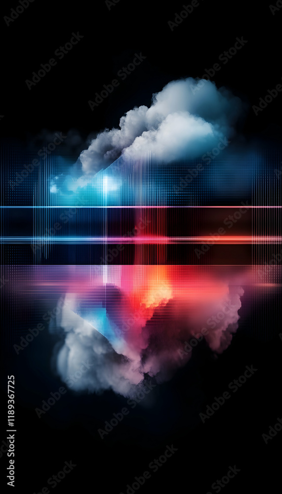 Obraz premium Abstract cloudscape reflecting vibrant lights, futuristic design, dark background; ideal for technology or science concepts