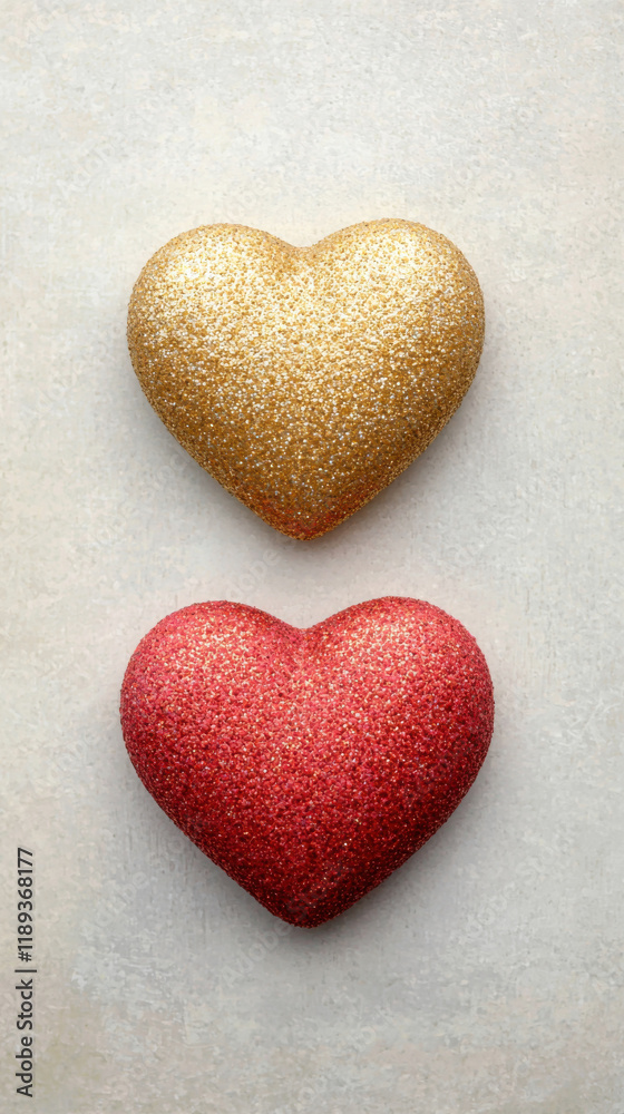 Obraz premium Glittery gold and red hearts on neutral background, evoking love and elegance
