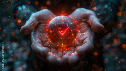 Hands Holding Glowing Digital Sphere with Checkmark  
 photo