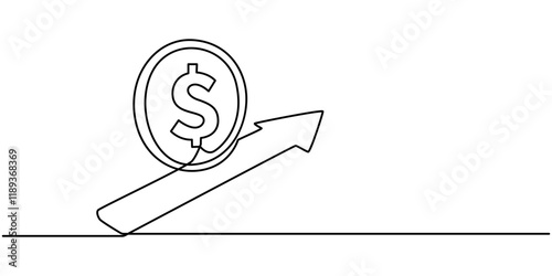 Continuous line drawing of arrow, money bag and growth graph, bar chart business, object one line, single line art, vector illustration, Pound increase. Line icon with shadow on white background.
