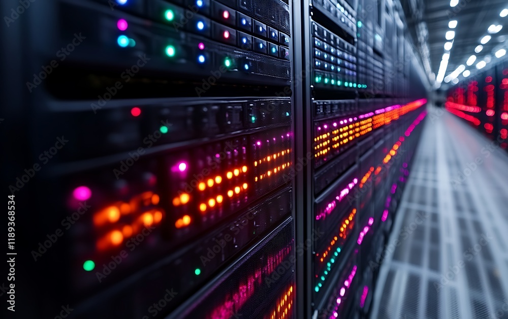 Illuminated server racks in a data center. (6) Illuminated server racks in a data center. (6)
