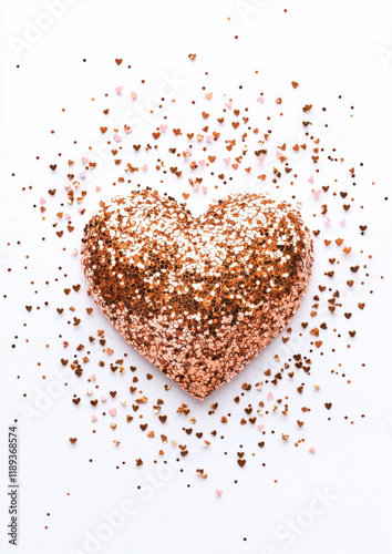 Glittering gold heart with scattered sparkles on white background