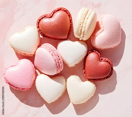  top view onpink macarons in a heart shaped festive box for celebrating valentine's day, birthdays, wedding. with space for text photo