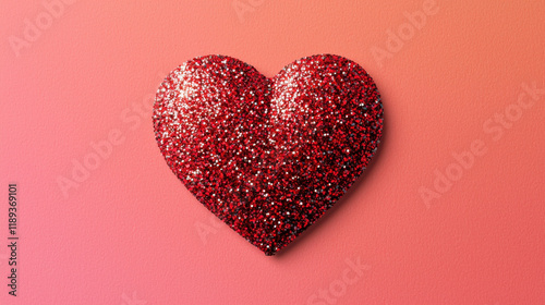 Glittery red heart on bold coral ombre gradient background