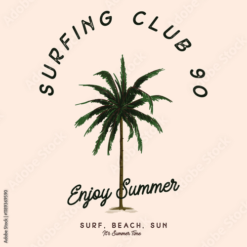 Palm vibes beach club. Palm beach paradise club artwork. Sunshine paradise graphic print design. Enjoy beach life. Summer vibes artwork. Surf club design. Big wave artwork.
