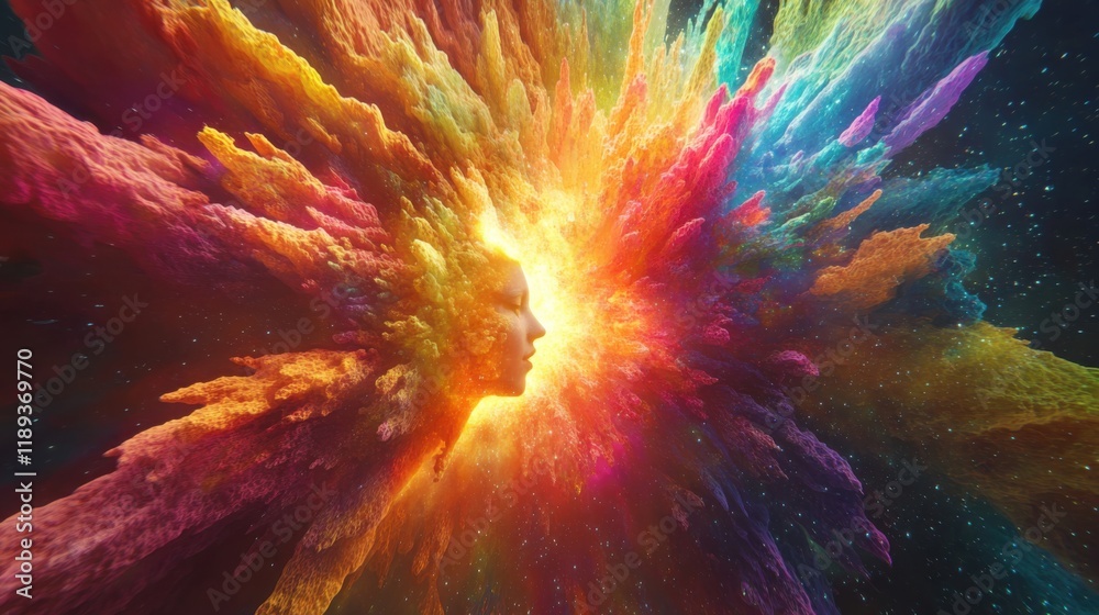 Fototapeta premium Abstract face emerging from vibrant color explosion
