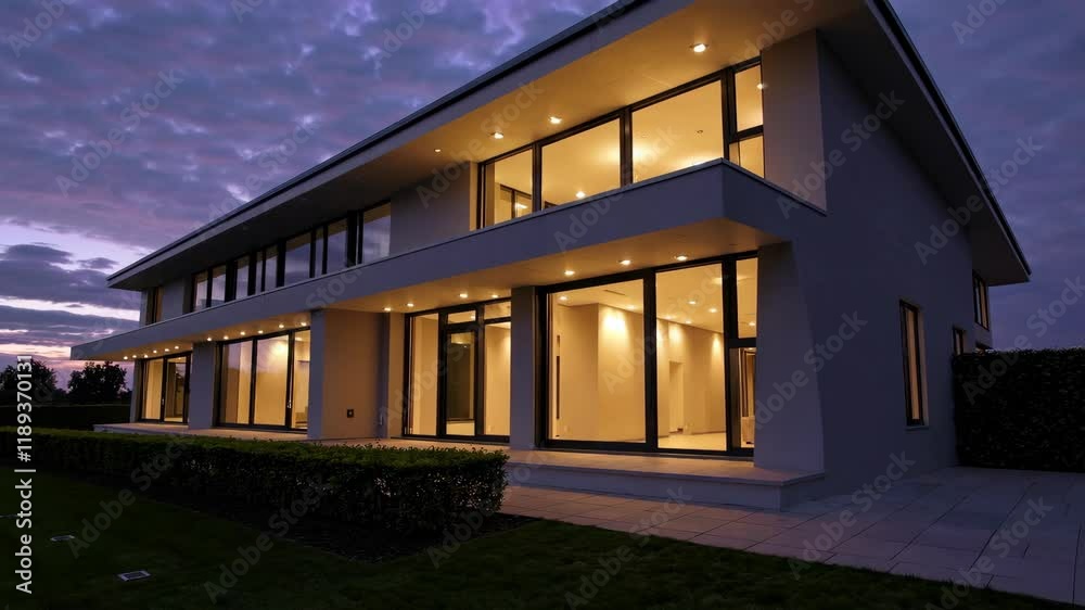 Elegant modern home design with warm golden yellow lighting at dusk Elegant modern home design with warm golden yellow lighting at dusk