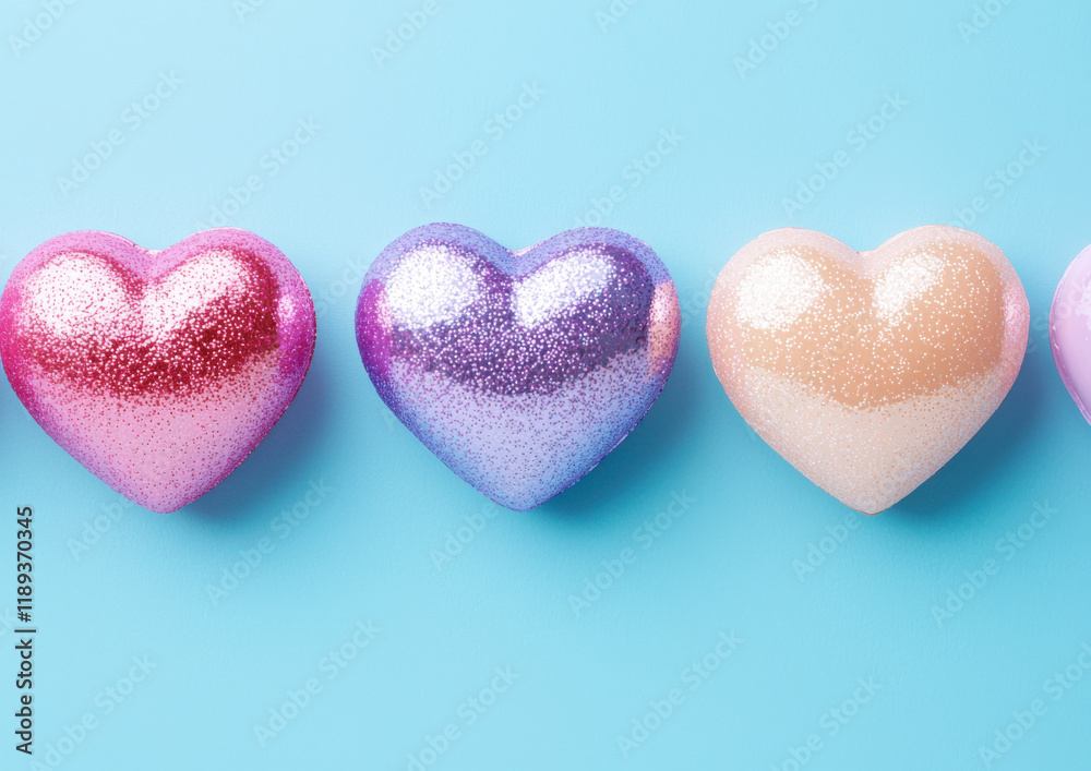 Fototapeta premium Glittery hearts in pink, lavender, and peach on blue background, creating cheerful vibe