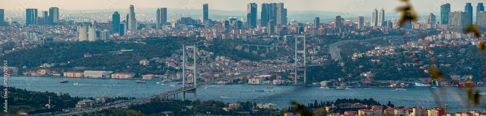 Naklejka premium Panoramic view of Istanbul's skyline and Bosphorus Bridge. High-angle, full shot of Istanbul, Turkey, showcasing the city's urban sprawl, including modern skyscrapers and the Bosphorus Bridge