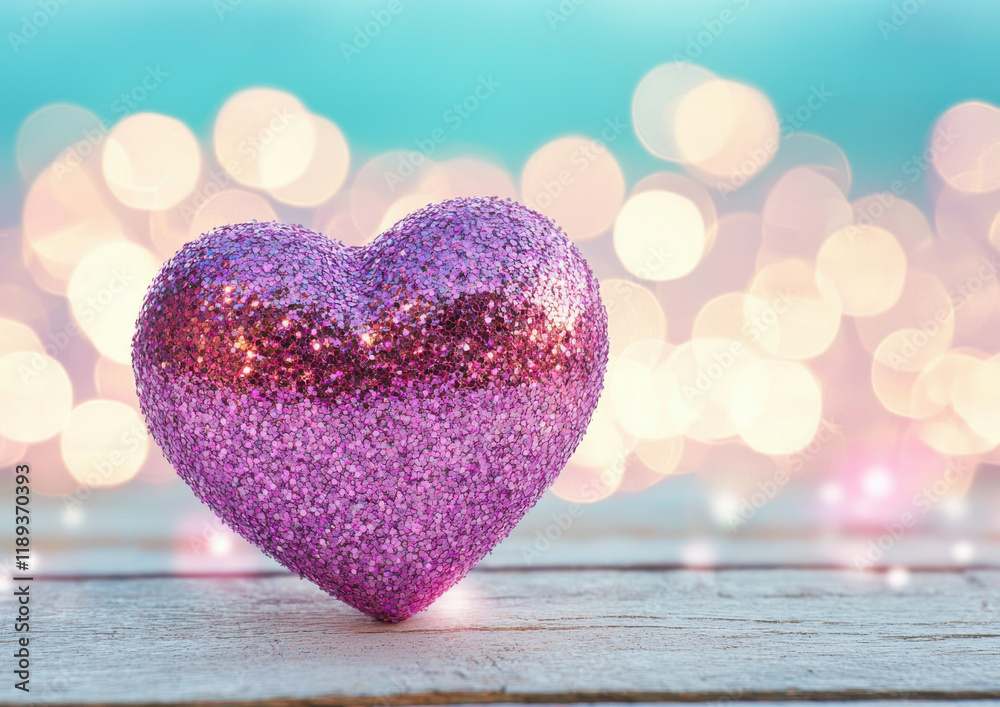 Fototapeta premium Glittering pink heart on wooden surface with dreamy bokeh background