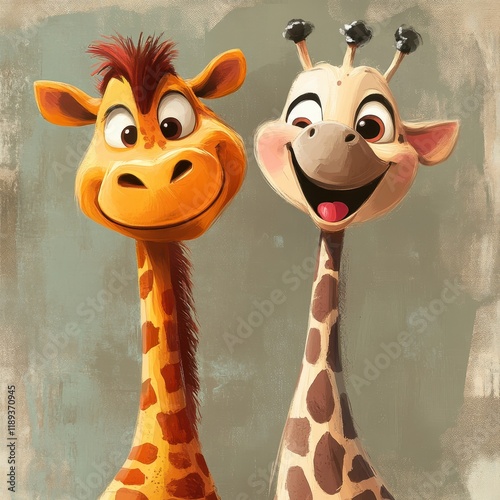 Two Happy Cartoon Giraffes Side By Side