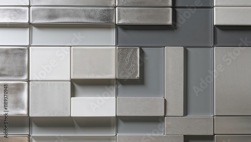 Grey toned rectangular tiles in an abstract arrangement with varied textures and depths photo