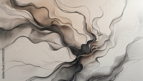 Abstract flow of charcoal lines with light orange undertones against a beige background photo