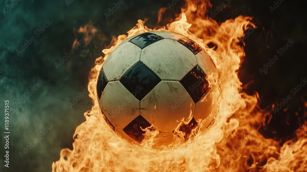 Fototapeta premium A soccer ball engulfed in flames, symbolizing intensity and passion for the sport.