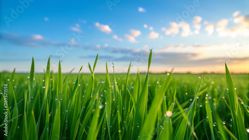 Vibrant meadow landscape close-up view of fresh green grass fields early morning nature photography