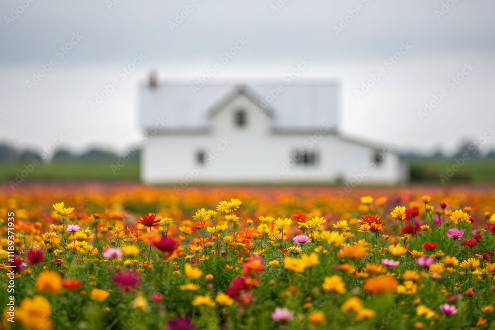 Vibrant wildflower meadow with house rural landscape nature photography serene environment close-up view scenic beauty Vibrant wildflower meadow with house rural landscape nature photography serene environment close-up view scenic beauty